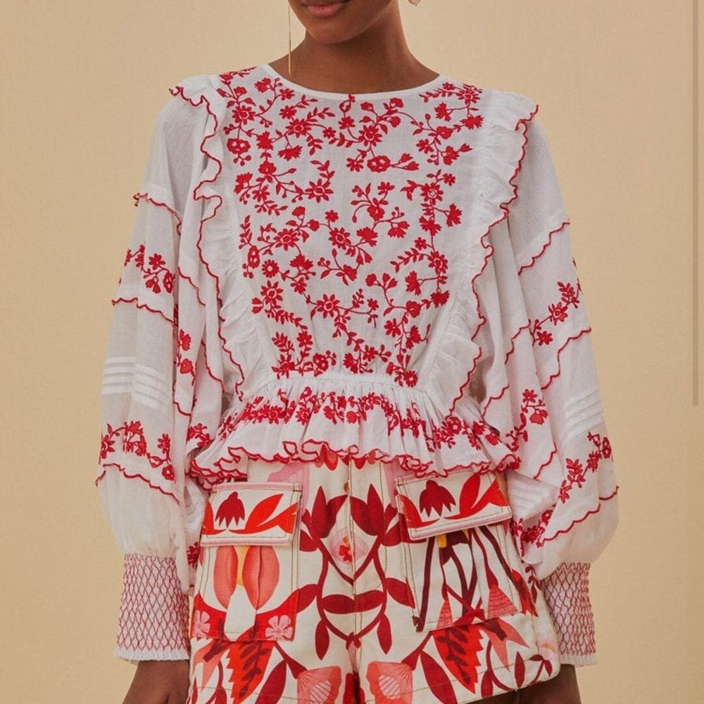 NEW FARM Rio Off-White with Red Embroidered Long Sleeve Blouse Cotton Size XXS - Picture 2 of 16
